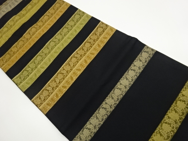 Nagoya obi woven with floral arabesque pattern in horizontal stripes